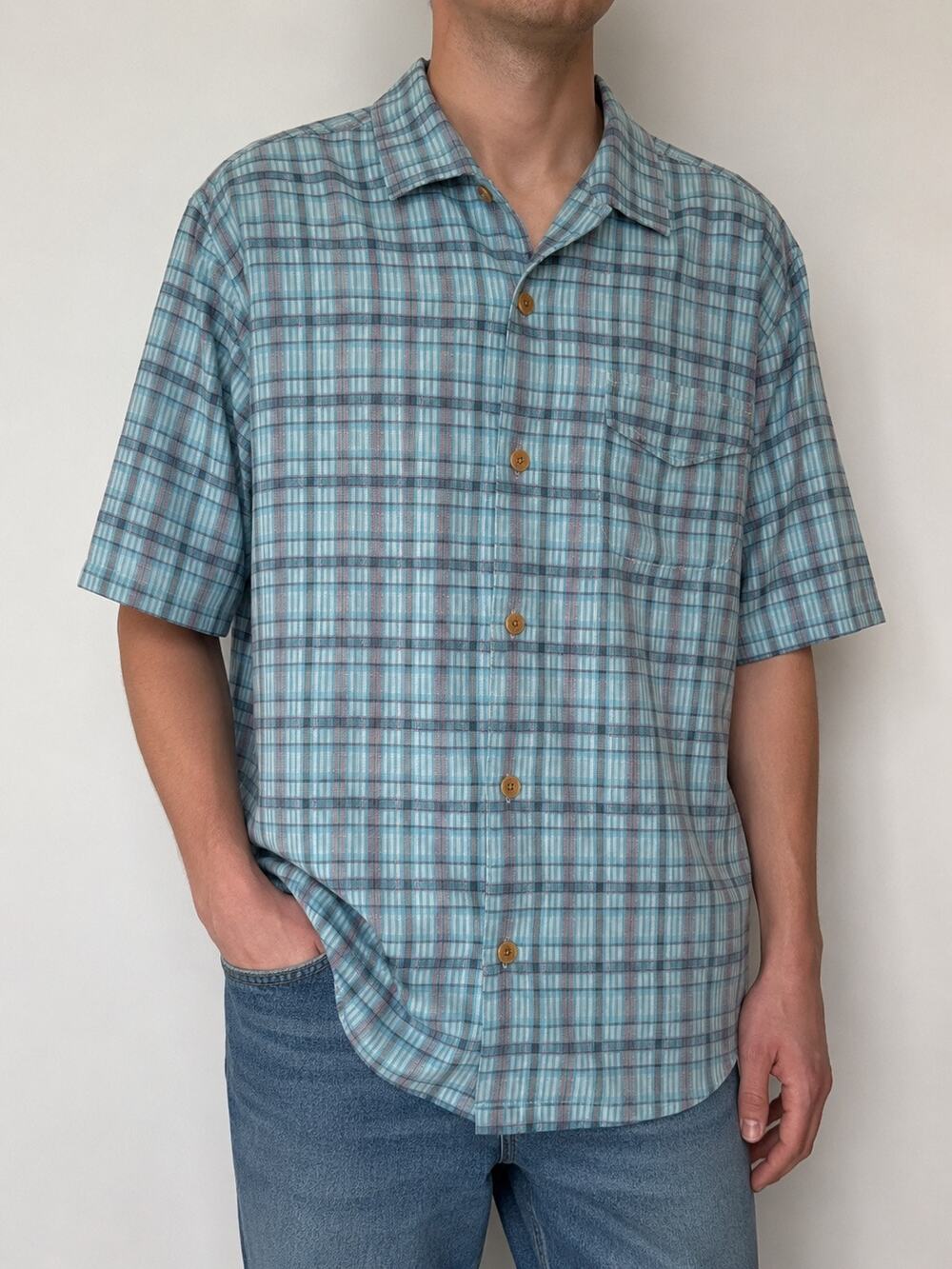 Tommy Bahama Mens Aqua Pink Plaid 100% Silk Short Sleeve Shirt Size M Medium
